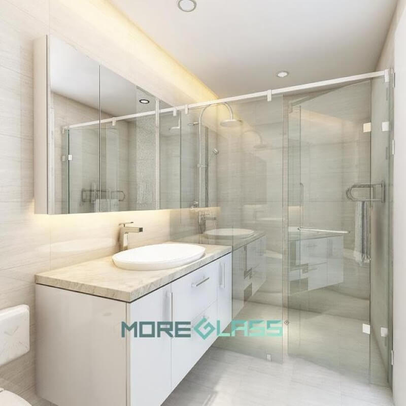 Thiết kế, thi công gương cánh tủ phòng tắm kết hợp vách tắm kính 180 độ MG-012 tinh tế Vách kính đẹp
